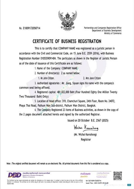 Thailand certificate of business registration Word and PDF template